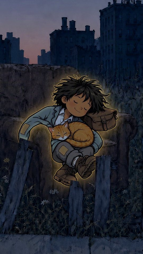 Nobody and a cat at the end of the first episode, in warm evening light