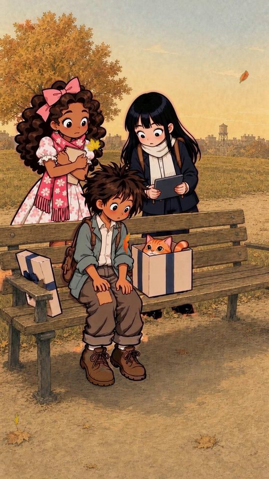 Nobody on a park bench with two friends looking on and a cat in a gift box, in warm autumn light