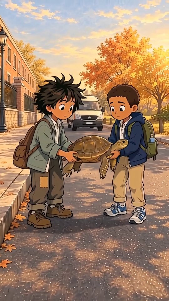 Two friends carrying a large turtle across a sunlit autumn street, with a van waiting behind them