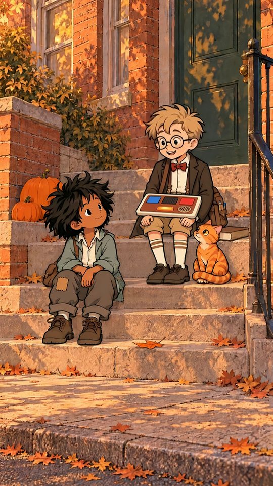 Nobody and Oliver on a brick stoop in golden autumn light, with pumpkins, a small synthesizer and a ginger cat