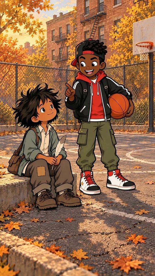 Marcus holding a basketball and pointing at Nobody, who sits at the edge of an autumn court holding a feather