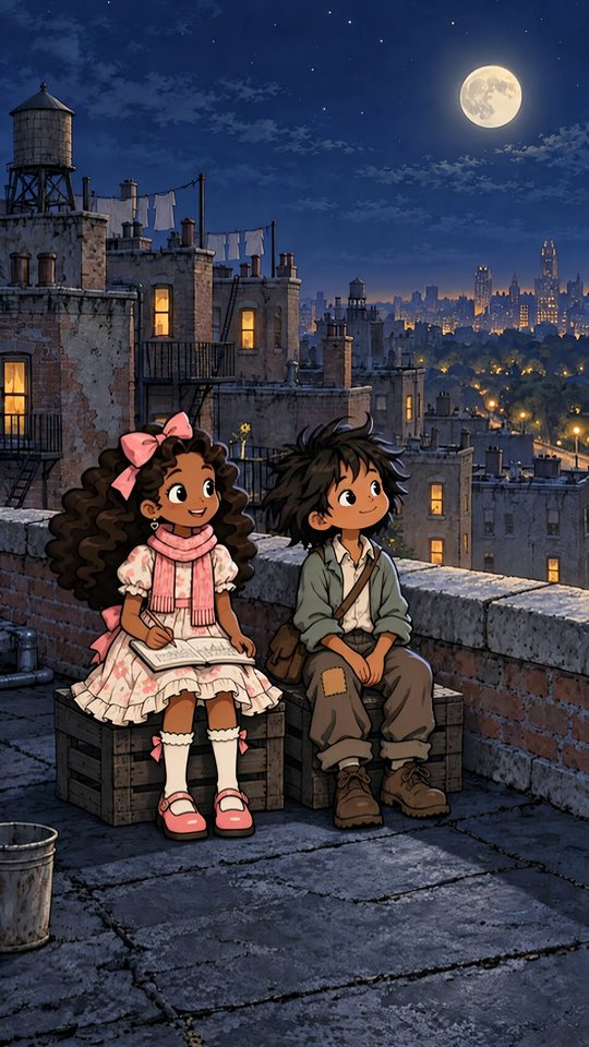 Rosie and Nobody sitting on milk crates on a city rooftop at night, a full moon over the lit buildings