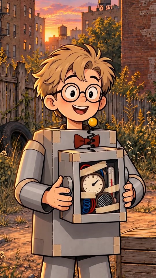 Oliver in a cardboard robot costume, grinning and holding up the robot head, its window full of a clock and wires, at sunset